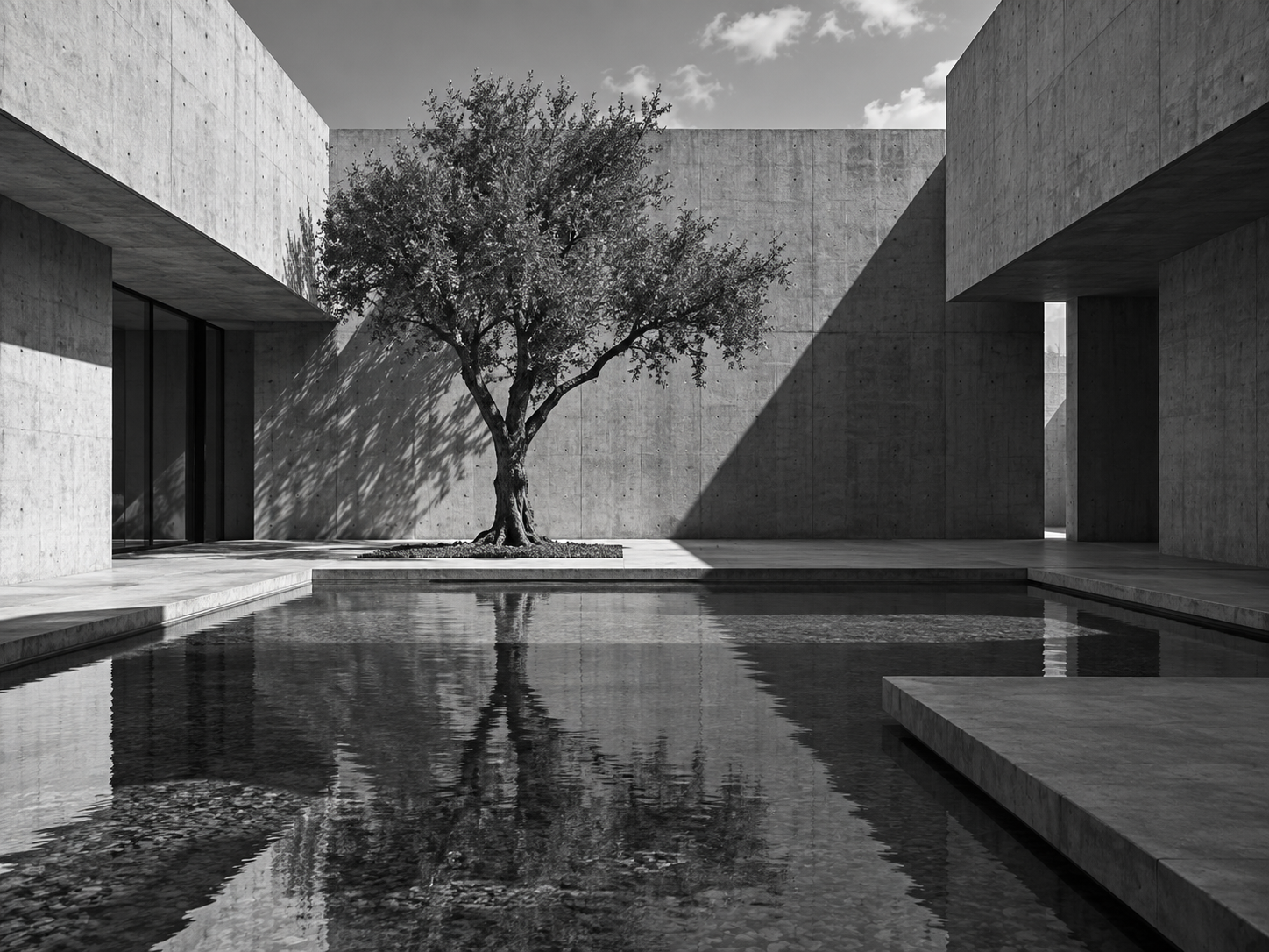Quiet concrete courtyard with a single tree and a reflecting pool