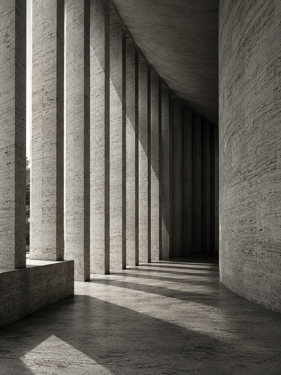 Monumental ribbed stone pavilion with a curved passage